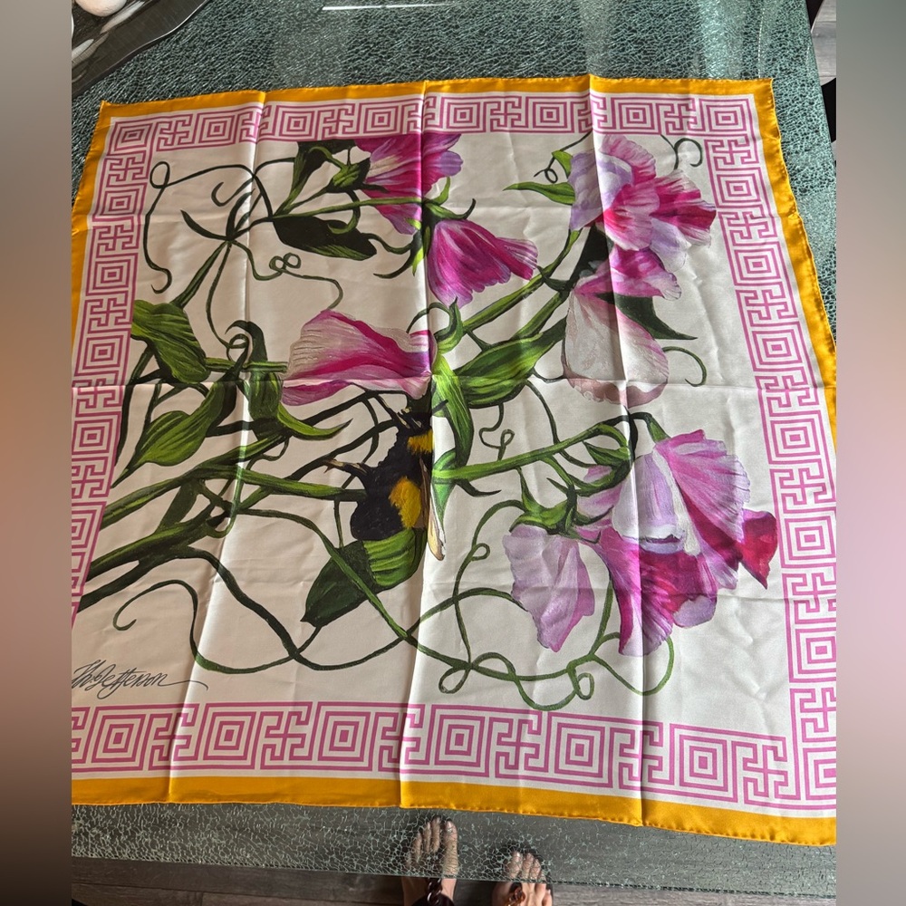 Floral Print Silk-Feel Scarf in Pink, Green & Yellow